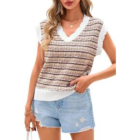 CFLONGE Vests for Women 2025 Trendy Sleeveless Striped Sweater Vest Crochet Knit Cropped Work Tank Top Outfits Y2K Clothes