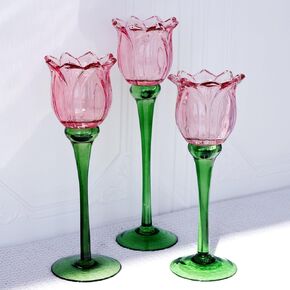 Voho Purple Tulip Tealight Candle Holder لهدايا عيد الفصح ، Tulips Lights Lights Holder Decor لعيد ميلاد الحفلات ، حامل شمعة طويل القامة لزخارف عيد الشكر في عيد الهالوين (مجموعة 3)