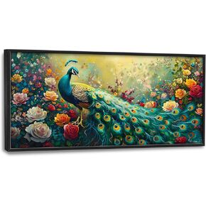 Trimety Peacock Wall Art for Living Room Extra Large Size Flower Oil Painting Oversized Wall Decor Floral Canvas Prints Giant Pictures Framed Artwork Home Dining Room Kitchen Office 60"x30"