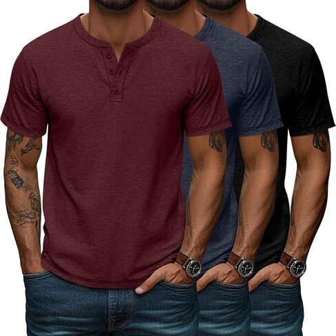 Huukeay 3 Pack Men's Big & Tall Henley Short Sleeve Shirts, Cotton Crew Neck Casual Button T-Shirts Summer Basic Tees Tops in Saudi Arabia