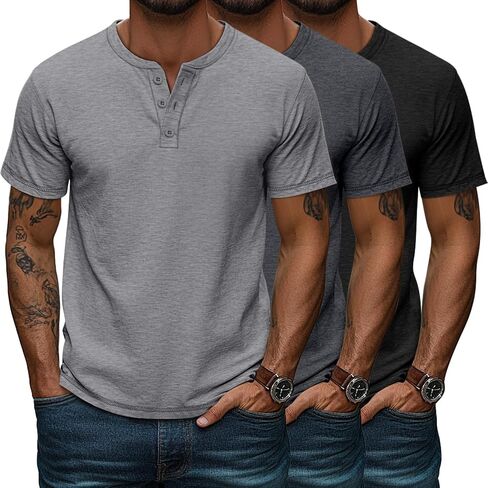 Huukeay 3 Pack Men's Big & Tall Henley Short Sleeve Shirts, Cotton Crew Neck Casual Button T-Shirts Summer Basic Tees Tops in Saudi Arabia