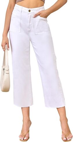 ALLABREVE Wide Leg Jeans for Women High Waisted Stretchy Denim Capri Pants Hem Cropped Baggy Straight Leg Jeans with Pocket in Saudi Arabia