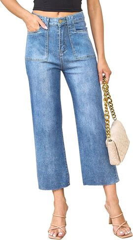 ALLABREVE Wide Leg Jeans for Women High Waisted Stretchy Denim Capri Pants Hem Cropped Baggy Straight Leg Jeans with Pocket in Kuwait