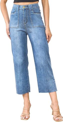 ALLABREVE Wide Leg Jeans for Women High Waisted Stretchy Denim Capri Pants Hem Cropped Baggy Straight Leg Jeans with Pocket in Kuwait