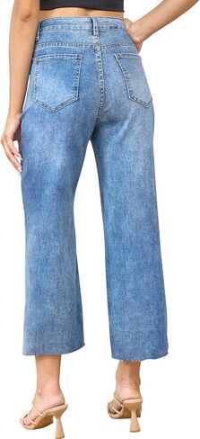 ALLABREVE Wide Leg Jeans for Women High Waisted Stretchy Denim Capri Pants Hem Cropped Baggy Straight Leg Jeans with Pocket in Kuwait