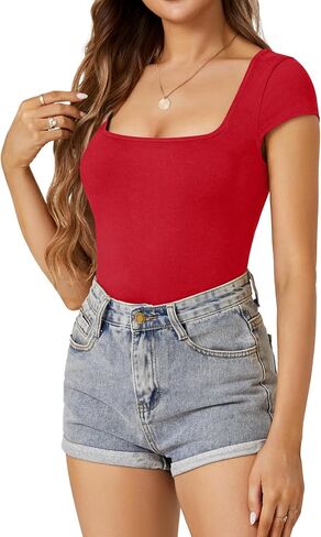 Vrtige Women's Sexy Square Neck Cap Sleeve Fitted Leotard Bodysuit Top in Saudi Arabia