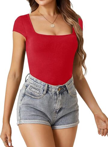 Vrtige Women's Sexy Square Neck Cap Sleeve Fitted Leotard Bodysuit Top in Saudi Arabia