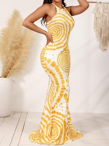 EDITCOZY Women Sexy Bodycon Maxi Dress Tie Dye Beach Summer Dresses Halter Backless Vacation Long Sundress in Saudi Arabia
