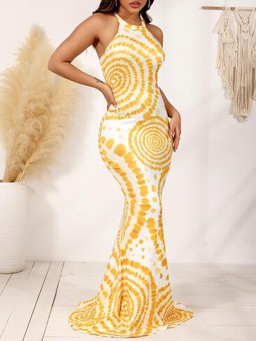 EDITCOZY Women Sexy Bodycon Maxi Dress Tie Dye Beach Summer Dresses Halter Backless Vacation Long Sundress in Saudi Arabia