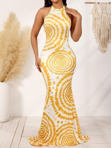 EDITCOZY Women Sexy Bodycon Maxi Dress Tie Dye Beach Summer Dresses Halter Backless Vacation Long Sundress in Saudi Arabia