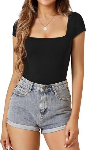 Vrtige Women's Sexy Square Neck Cap Sleeve Fitted Leotard Bodysuit Top in Saudi Arabia
