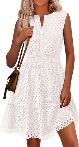 PRETTYGARDEN Women's Summer Dresses 2025 Sleeveless V Neck Eyelet Hollow Out Swing A Line Beach Vacation Sun Dress in Saudi Arabia