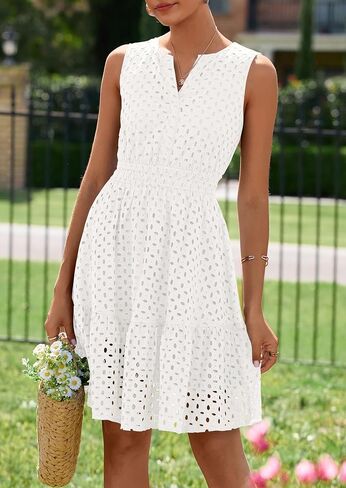 PRETTYGARDEN Women's Summer Dresses 2025 Sleeveless V Neck Eyelet Hollow Out Swing A Line Beach Vacation Sun Dress in Saudi Arabia