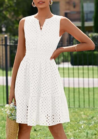 PRETTYGARDEN Women's Summer Dresses 2025 Sleeveless V Neck Eyelet Hollow Out Swing A Line Beach Vacation Sun Dress in Saudi Arabia