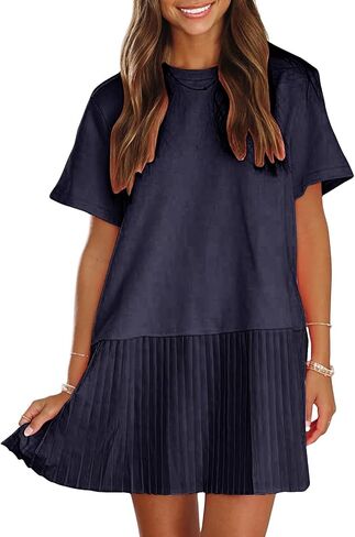 EXLURA Womens Summer Casual Short Sleeve Dress Crewneck Tshirt Dresses Pleated Aline Mini Dress 2025 Vacation Beach Sundress in Saudi Arabia