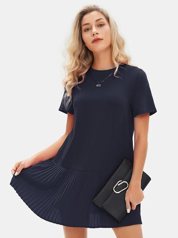 EXLURA Womens Summer Casual Short Sleeve Dress Crewneck Tshirt Dresses Pleated Aline Mini Dress 2025 Vacation Beach Sundress in Saudi Arabia