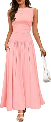 ZESICA Women's Summer Sleeveless Maxi Dress 2025 Casual Crewneck Pleated Flowy Long Dress with Pockets in Saudi Arabia