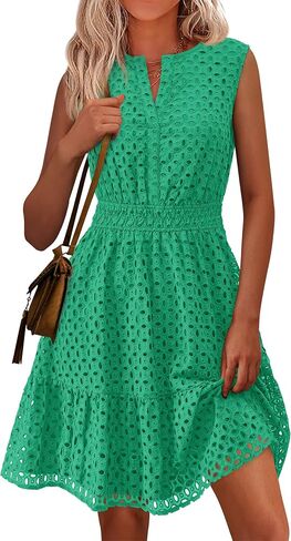 PRETTYGARDEN Women's Summer Dresses 2025 Sleeveless V Neck Eyelet Hollow Out Swing A Line Beach Vacation Sun Dress in Saudi Arabia