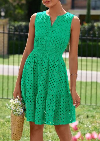 PRETTYGARDEN Women's Summer Dresses 2025 Sleeveless V Neck Eyelet Hollow Out Swing A Line Beach Vacation Sun Dress in Saudi Arabia