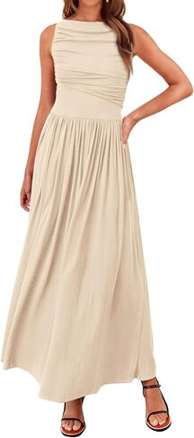 BTFBM Women Casual Dress 2025 Summer Sleeveless Ruched Maxi Dresses Boat Neck High Waist Lightweight Tank Dress Pockets in Saudi Arabia