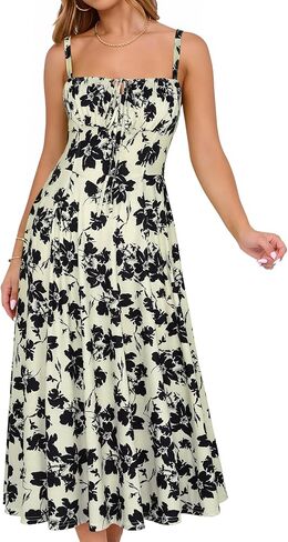 YATHON Women's Summer Midi Corset Boho Dresses Casual Floral Spaghetti Straps Lace Up Dress Flowy Aline Beach Sundress in Kuwait