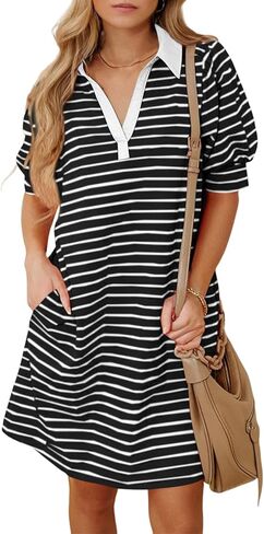 Blencot Women's Polo v Neck Dert Tirt Driticled Dress Summer Puff Short Sleeve Midi Dresses in Saudi Arabia