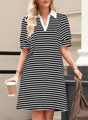 Blencot Women's Polo v Neck Dert Tirt Driticled Dress Summer Puff Short Sleeve Midi Dresses in Saudi Arabia
