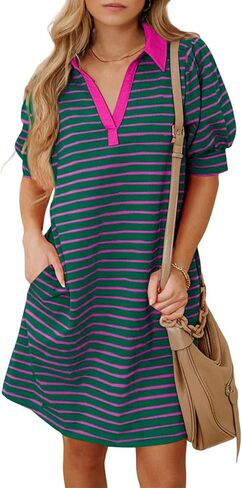 BLENCOT Women's Casual Polo V Neck T Shirt Striped Dress Summer Puff Short Sleeve MIdi Dresses in Saudi Arabia
