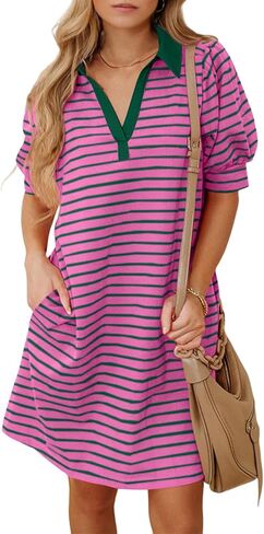 BLENCOT Women's Casual Polo V Neck T Shirt Striped Dress Summer Puff Short Sleeve MIdi Dresses in Saudi Arabia