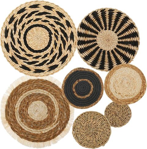 7 Pack Boho Wall Basket Decor Set, Hanging Woven Wall Basket Decor, Seagrass Rattan Wicker Boho Wall Decor, Round Farmhouse Wall Hanging Baskets Rustic Flat Wall Art for Living Room Bedroom Kitchen in Kuwait
