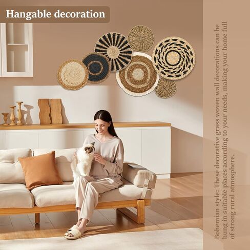 7 Pack Boho Wall Basket Decor Set, Hanging Woven Wall Basket Decor, Seagrass Rattan Wicker Boho Wall Decor, Round Farmhouse Wall Hanging Baskets Rustic Flat Wall Art for Living Room Bedroom Kitchen in Kuwait