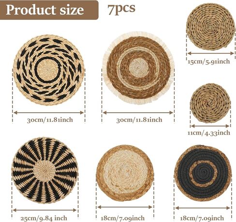 7 Pack Boho Wall Basket Decor Set, Hanging Woven Wall Basket Decor, Seagrass Rattan Wicker Boho Wall Decor, Round Farmhouse Wall Hanging Baskets Rustic Flat Wall Art for Living Room Bedroom Kitchen in Kuwait