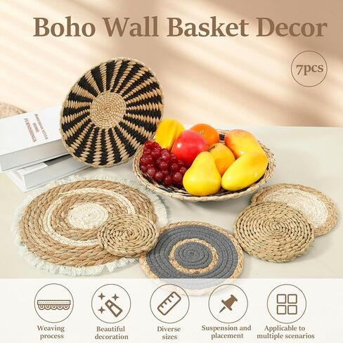 7 Pack Boho Wall Basket Decor Set, Hanging Woven Wall Basket Decor, Seagrass Rattan Wicker Boho Wall Decor, Round Farmhouse Wall Hanging Baskets Rustic Flat Wall Art for Living Room Bedroom Kitchen in Kuwait