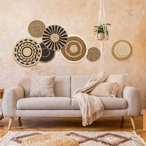 7 Pack Boho Wall Basket Decor Set, Hanging Woven Wall Basket Decor, Seagrass Rattan Wicker Boho Wall Decor, Round Farmhouse Wall Hanging Baskets Rustic Flat Wall Art for Living Room Bedroom Kitchen in Kuwait