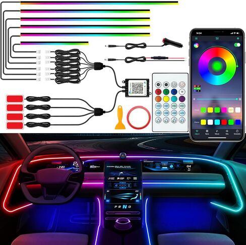 Interior Car LED Lights, RGB Dream Color Acrylic LED Lights for Car, Ambient Lighting Kits with Wireless APP and RF Remote Control, Music Sync Dynamic Chasing (10 in 1) in Kuwait