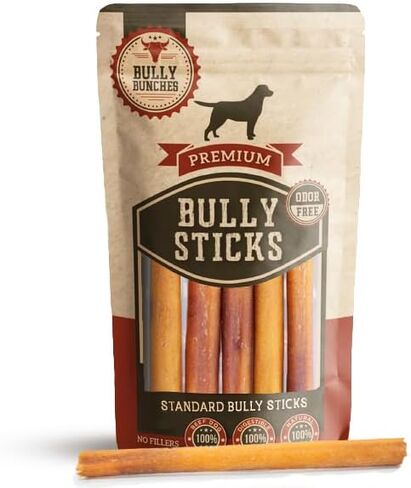 Bully Bunches Premium 12 Inch Thick Odor-Free Bully Sticks for Medium & Large Dogs - Long Lasting Chews for Oral Care - All Natural & Single Ingredient, 100% Beef Dog Treat, Rawhide Free (5 Pk) in Saudi Arabia