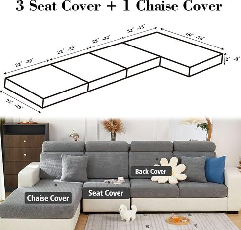 Sectional Couch Covers Couch Cushion Covers for Sectional Sofa L Shape Sofa Covers Washable Universal Stretch Sofa Slipcovers Soft,Anti Slip,Skin-Friendly for Pets (Gray,3 Seats + Chaise Cover) in Kuwait
