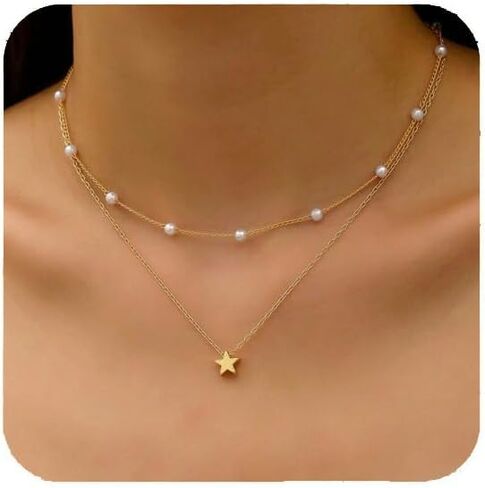 Gold Charm Necklace For Women Star Pearl Charms Pendant Neckalces Dainty 14K Gold Plated Summer Beach Ocean Jewelry Gifts in Kuwait