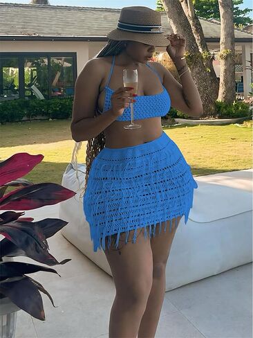 Women 2 Piece Outfits Sexy Crochet Mini Dress Hollow Tassel Skirts Sets Summer Bandage Tube Tops in Kuwait