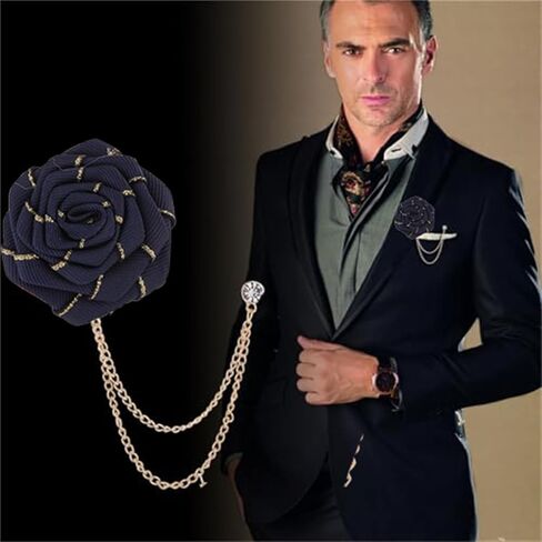 Vintage Rose Brooch Fashion Groom Wedding Brooch Fabric Handmade Flower Brooch Lapel Pin Badge Fringe Chain Men's Suit Accessories in Kuwait