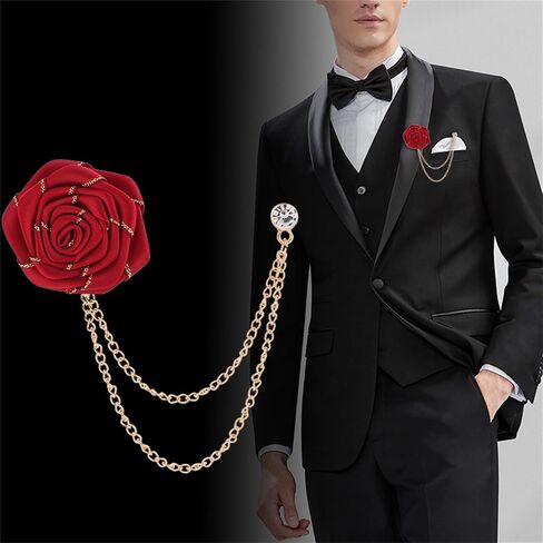 Vintage Rose Brooch Fashion Groom Wedding Brooch Fabric Handmade Flower Brooch Lapel Pin Badge Fringe Chain Men's Suit Accessories in Kuwait
