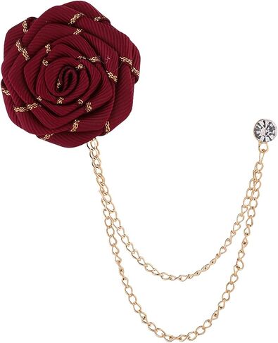 Vintage Rose Brooch Fashion Groom Wedding Brooch Fabric Handmade Flower Brooch Lapel Pin Badge Fringe Chain Men's Suit Accessories in Kuwait