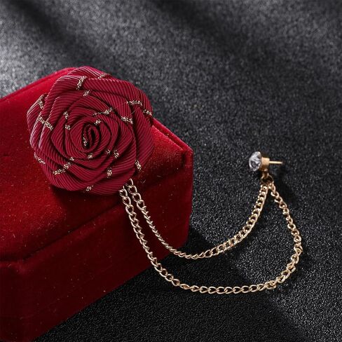 Vintage Rose Brooch Fashion Groom Wedding Brooch Fabric Handmade Flower Brooch Lapel Pin Badge Fringe Chain Men's Suit Accessories in Kuwait