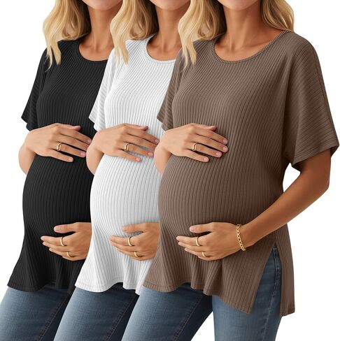 3 Pack Women's Maternity Shirts Ribbed Cotton Crew Neck Pregnancy Tops Side Split Casual Tunics Oversized Tee in Saudi Arabia