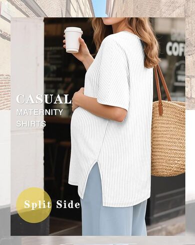 3 Pack Women's Maternity Shirts Ribbed Cotton Crew Neck Pregnancy Tops Side Split Casual Tunics Oversized Tee in Saudi Arabia