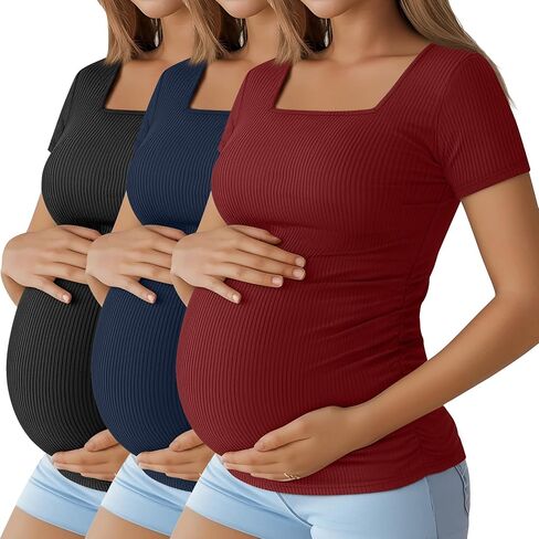 Huukeay 3 Pack Women's Maternity Shirt Ribbed Short Sleeve Pregnancy Top Cotton Square Neck Side Ruched Casual Mama Clothes in Saudi Arabia