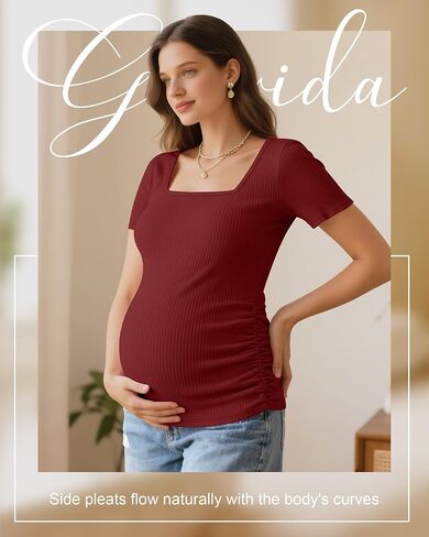 Huukeay 3 Pack Women's Maternity Shirt Ribbed Short Sleeve Pregnancy Top Cotton Square Neck Side Ruched Casual Mama Clothes in Saudi Arabia