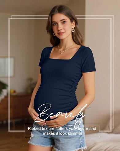 Huukeay 3 Pack Women's Maternity Shirt Ribbed Short Sleeve Pregnancy Top Cotton Square Neck Side Ruched Casual Mama Clothes in Saudi Arabia