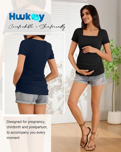 Huukeay 3 Pack Women's Maternity Shirt Ribbed Short Sleeve Pregnancy Top Cotton Square Neck Side Ruched Casual Mama Clothes in Saudi Arabia