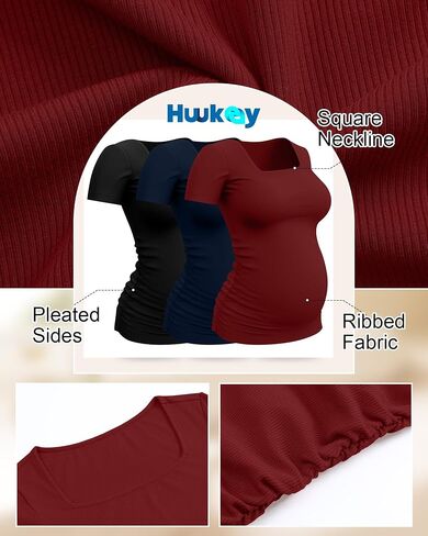 Huukeay 3 Pack Women's Maternity Shirt Ribbed Short Sleeve Pregnancy Top Cotton Square Neck Side Ruched Casual Mama Clothes in Saudi Arabia